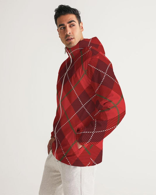 Mens Hooded Windbreaker - Red Tartan Plaid Water Resistant Jacket