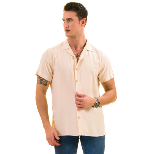 Beige Solid European Made & Designed Hawaiian Summer Shirts For Men