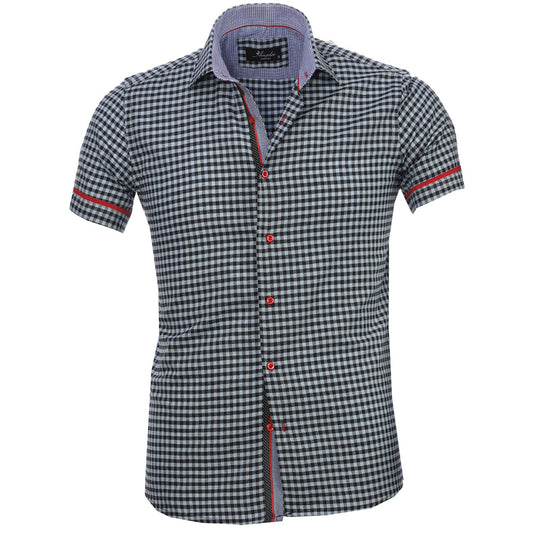 Light Blue Black Checkered Mens Short Sleeve Button up Shirts -