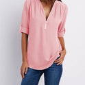 V-neck zipper large size women's long-sleeved pull-sleeve loose commuter chiffon shirt