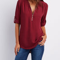 V-neck zipper large size women's long-sleeved pull-sleeve loose commuter chiffon shirt