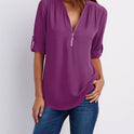 V-neck zipper large size women's long-sleeved pull-sleeve loose commuter chiffon shirt