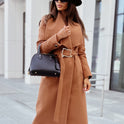 Women's long-sleeved buttoned V-neck strappy woolen coat