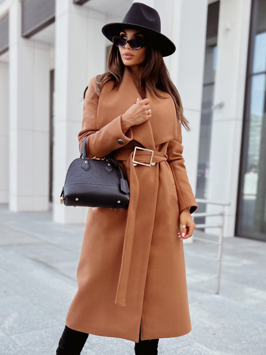 Women's long-sleeved buttoned V-neck strappy woolen coat