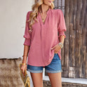 Spring and summer temperament commuting V-neck five-quarter sleeve top