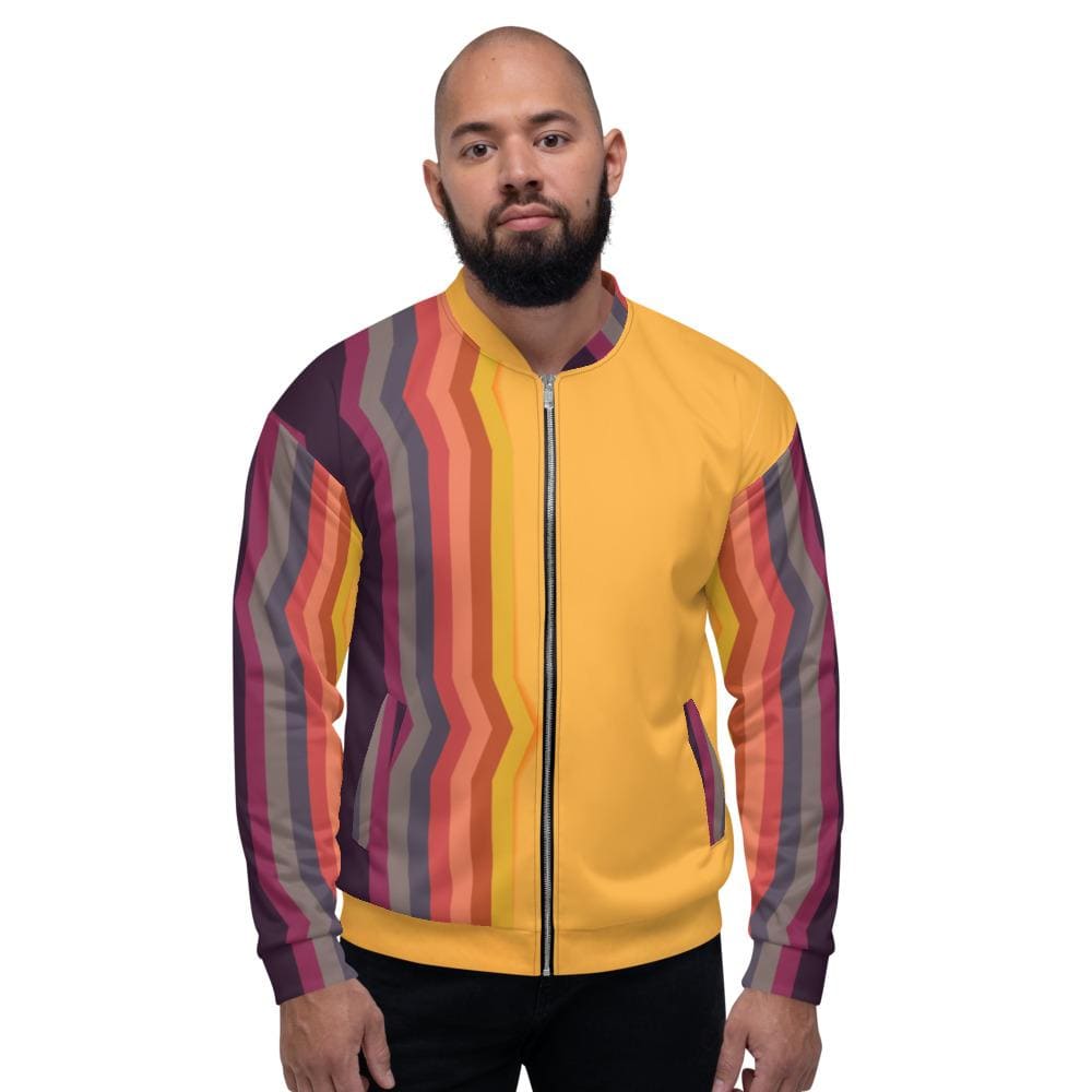 Bomber Jacket for Men, Orange and Black Retro Striped Pattern