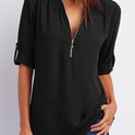 V-neck zipper large size women's long-sleeved pull-sleeve loose commuter chiffon shirt