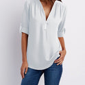 V-neck zipper large size women's long-sleeved pull-sleeve loose commuter chiffon shirt