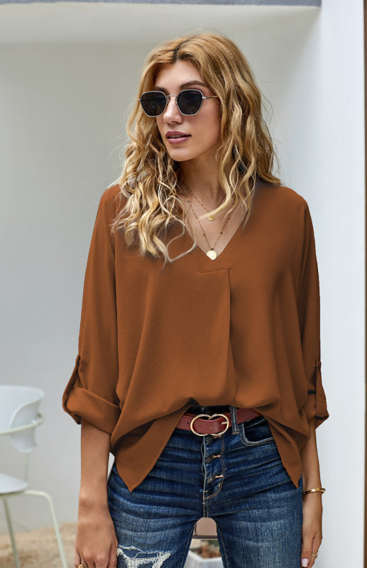 White/Black/Red/Apricot V Neck 3/4 Sleeve High Low Hem Shirt