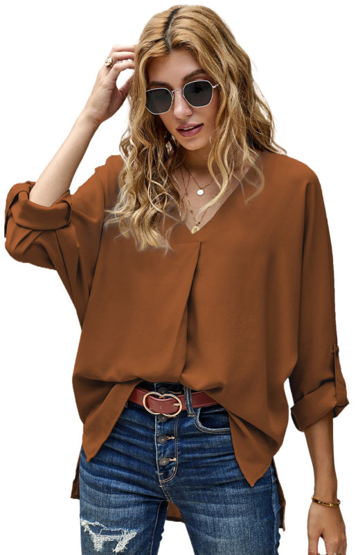 White/Black/Red/Apricot V Neck 3/4 Sleeve High Low Hem Shirt