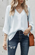 White/Black/Red/Apricot V Neck 3/4 Sleeve High Low Hem Shirt