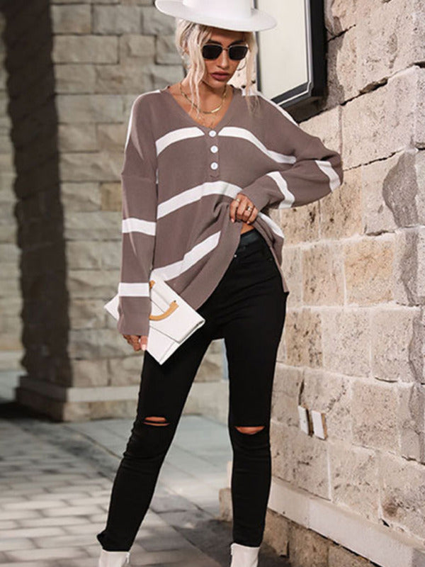 Women Striped Knit Buttoned Casual Sweater