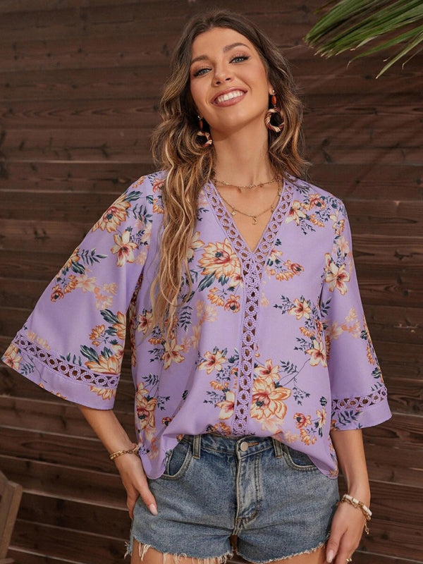 Women's V-neck printed patchwork lace flared sleeve top