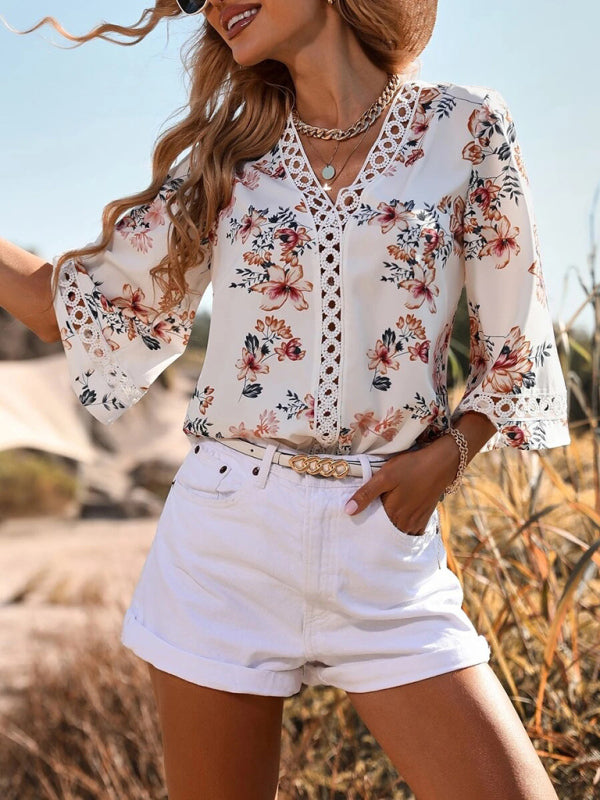 Women's V-neck printed patchwork lace flared sleeve top