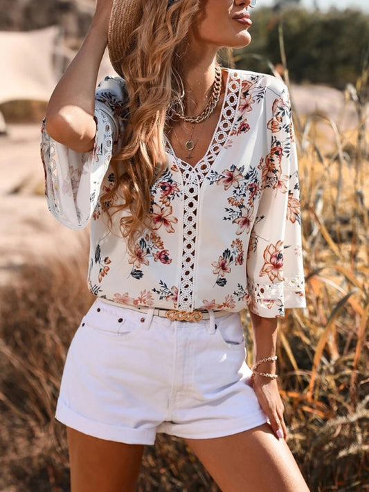 Women's V-neck printed patchwork lace flared sleeve top