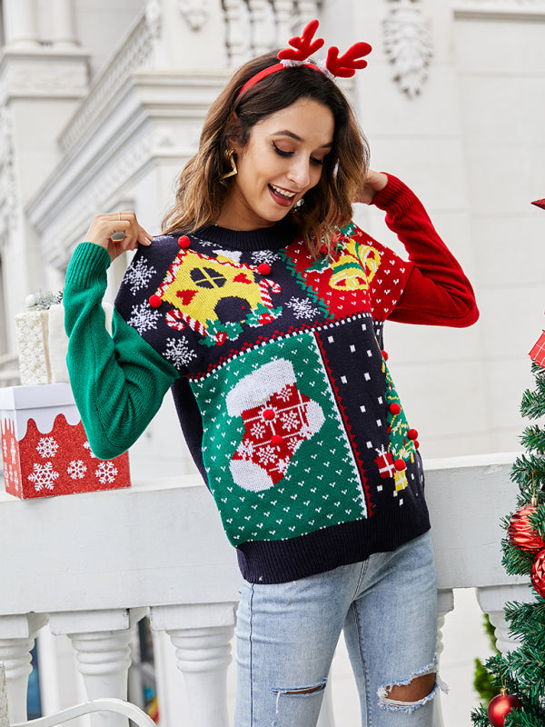 Festive Patchwork Long Sleeve Christmas Sweater