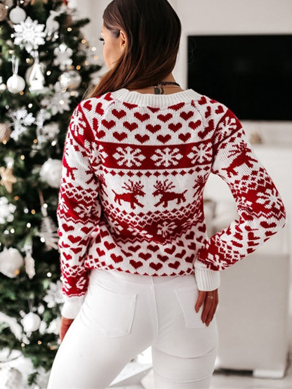 Women Reindeer Heart Print Christmas Sweater