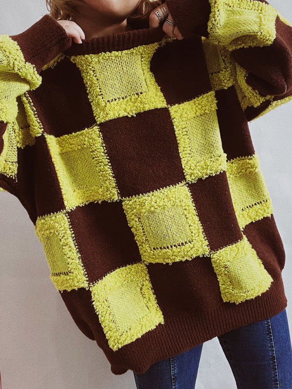 Checkerboard Knit Pattern Round Neck Sweater