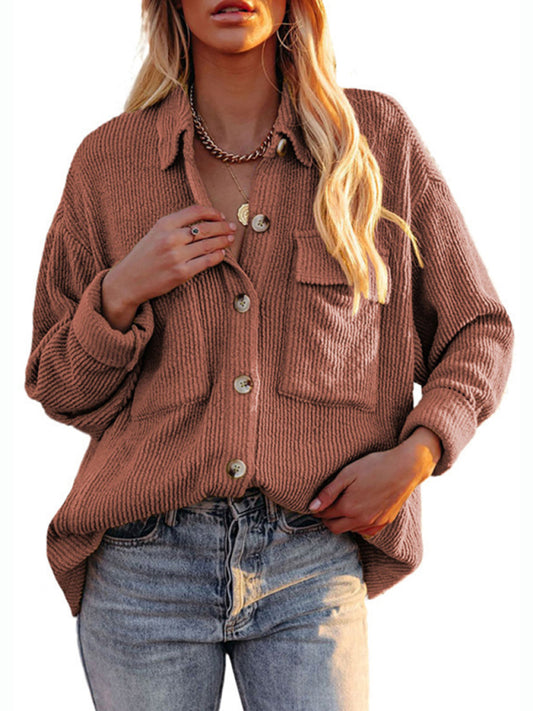 Solid Color Loose Corduroy Pocket Long Sleeve Cardigan Jacket