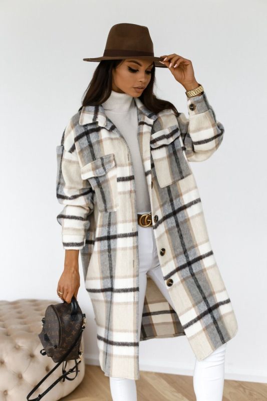 Spring and autumn new women's long-sleeved plaid print mid-length shirt coat