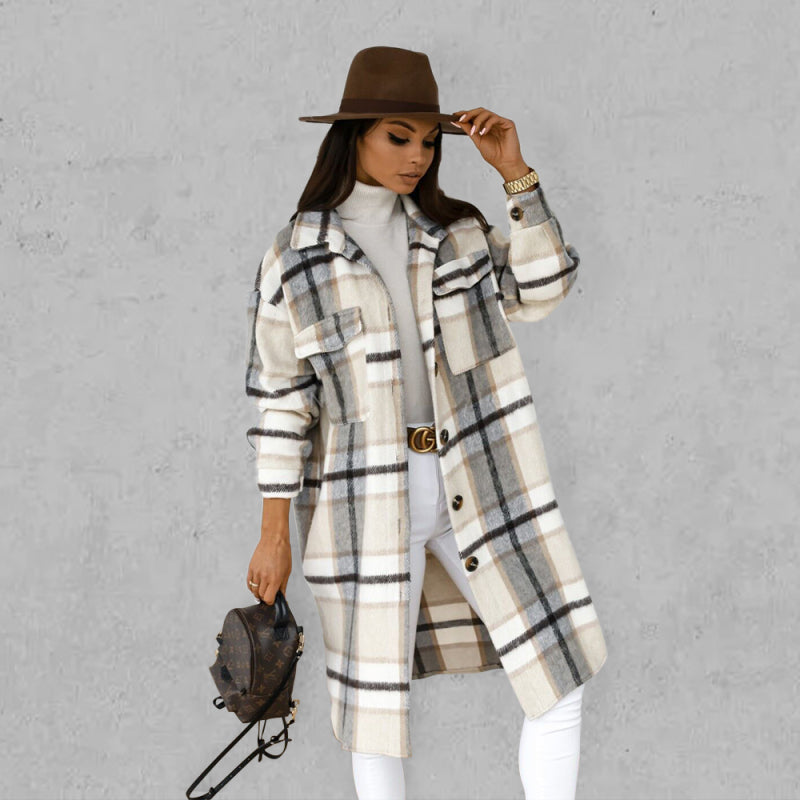 Spring and autumn new women's long-sleeved plaid print mid-length shirt coat