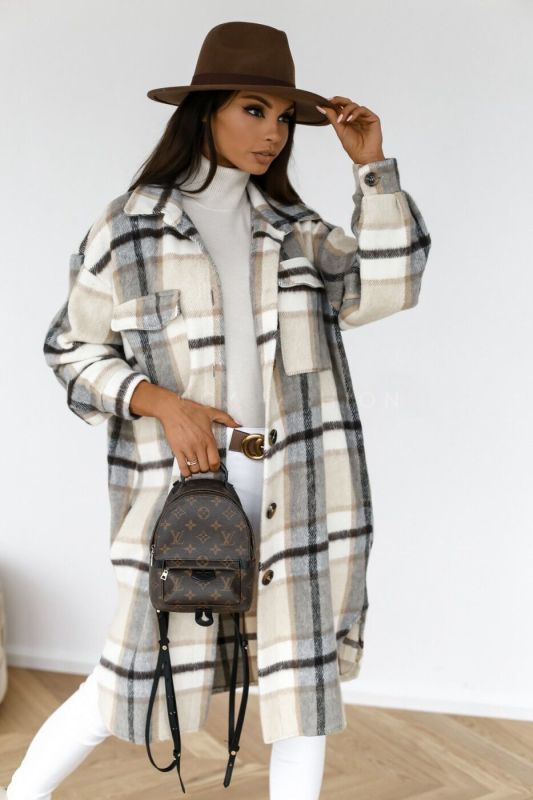 Spring and autumn new women's long-sleeved plaid print mid-length shirt coat