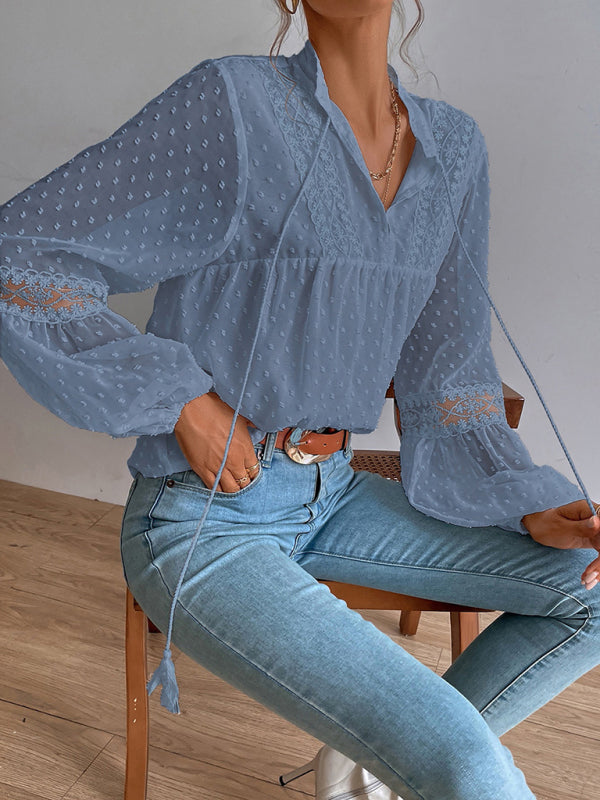 Polka Dot Chiffon Lace Panel Loose Commuting Blouse