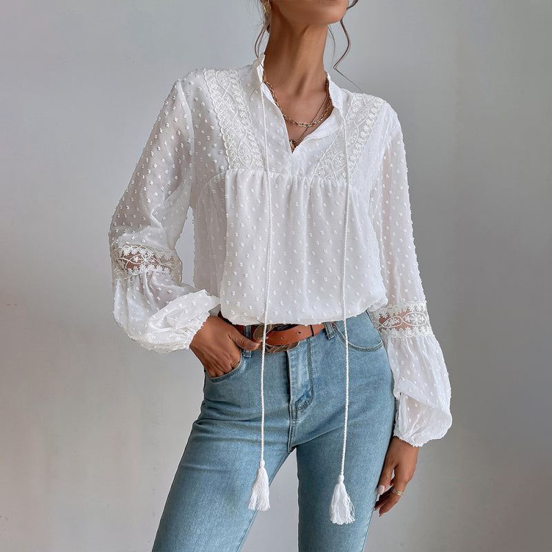 Polka Dot Chiffon Lace Panel Loose Commuting Blouse