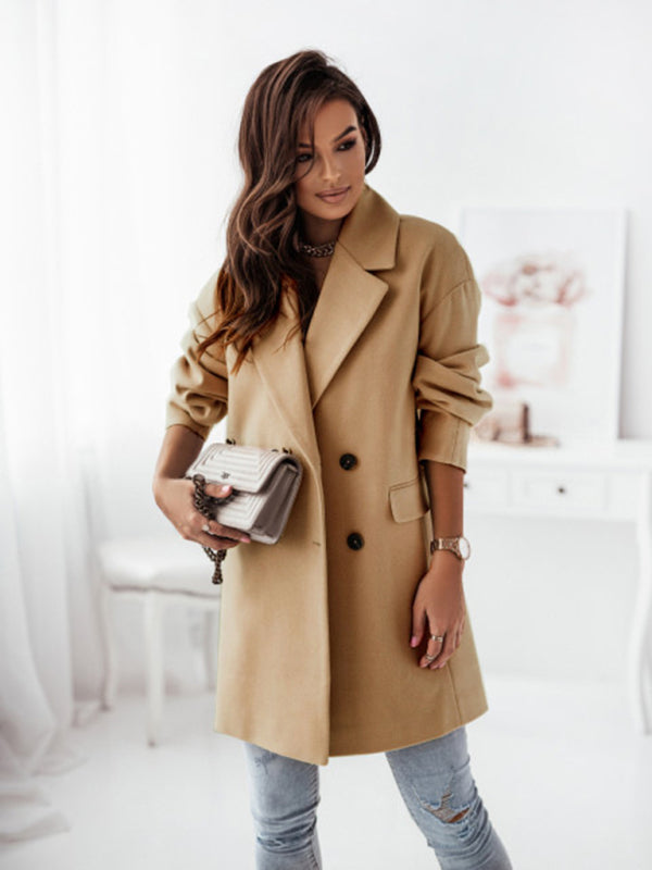 Long sleeve suit collar double breasted woolen coat new style temperament