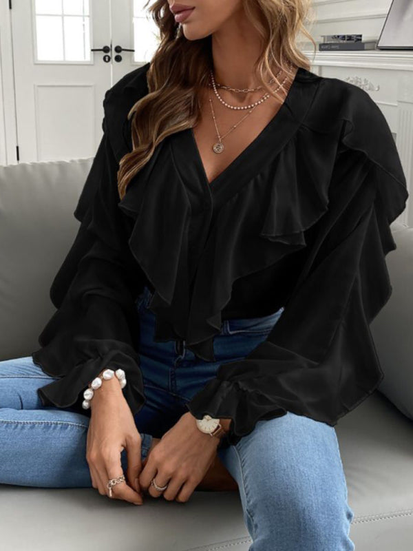 V Neck Ruffle Top Shirt Long Sleeves