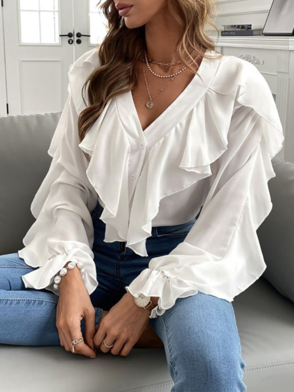 V Neck Ruffle Top Shirt Long Sleeves