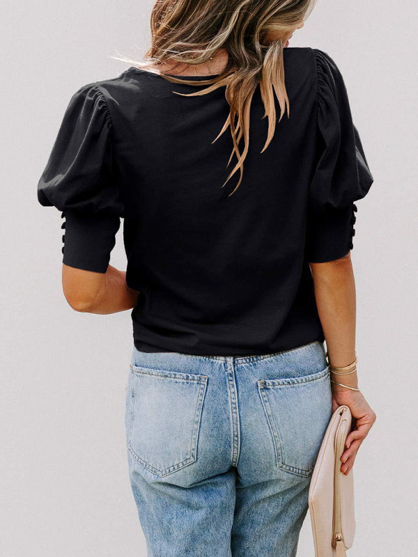 New round neck solid color button loose top T-shirt shirt