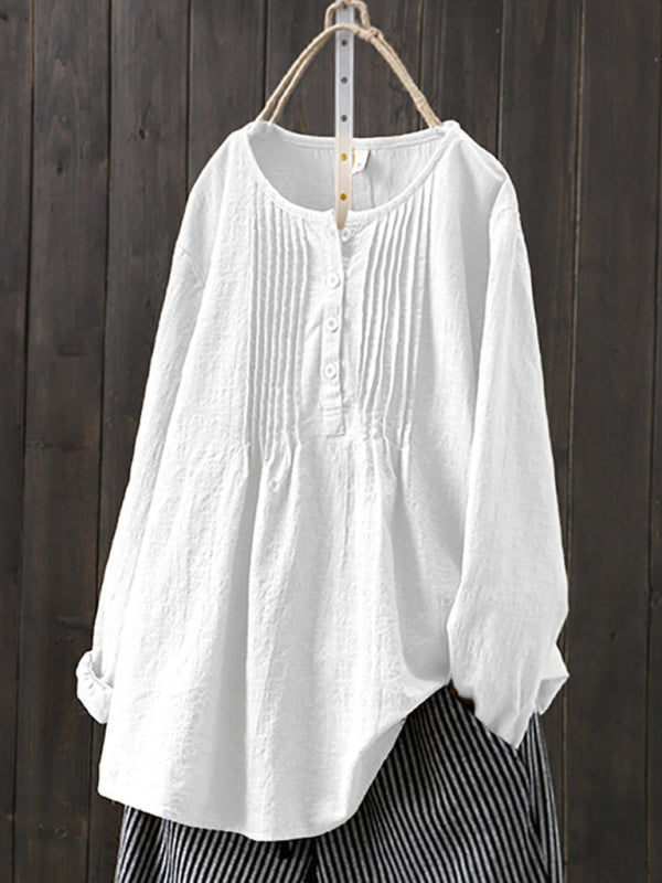 Women's Cotton Linen Pleated Round Neck Long Sleeve Shirt