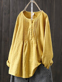 Women's Cotton Linen Pleated Round Neck Long Sleeve Shirt