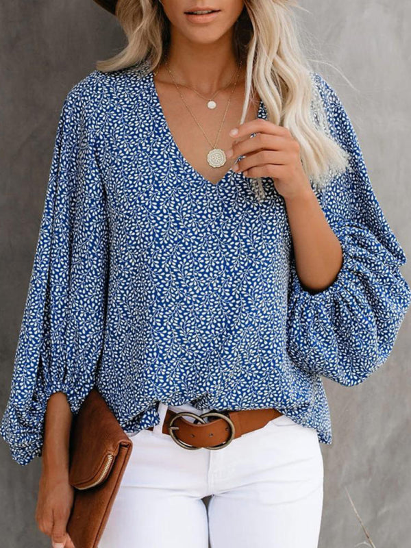 V-neck casual shirt printed lantern sleeve top women's clothing