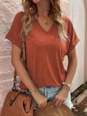 Solid color notched loose neckline loose short-sleeved t-shirt for women