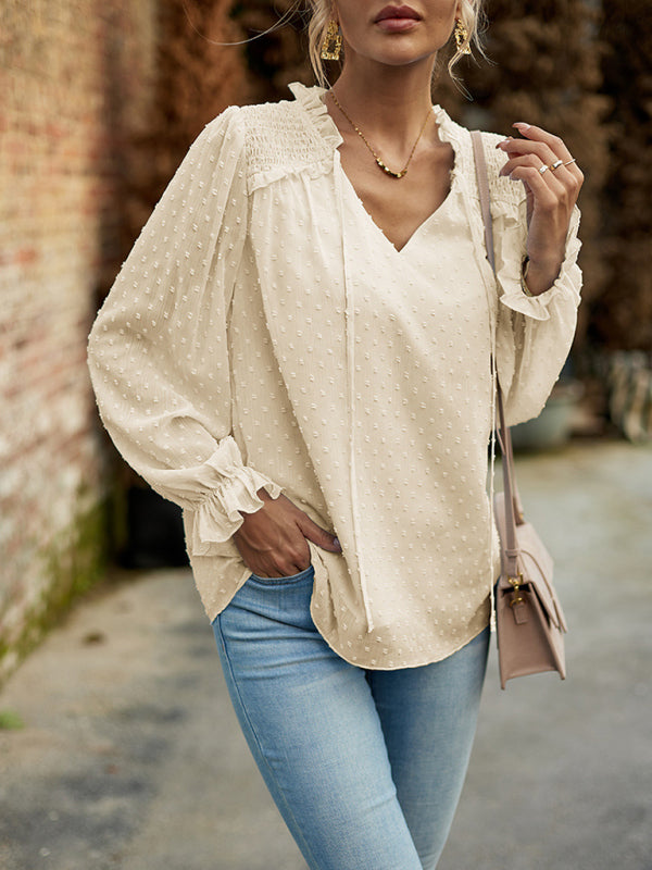 Temperament and elegant v-neck knotted long-sleeved top blouse