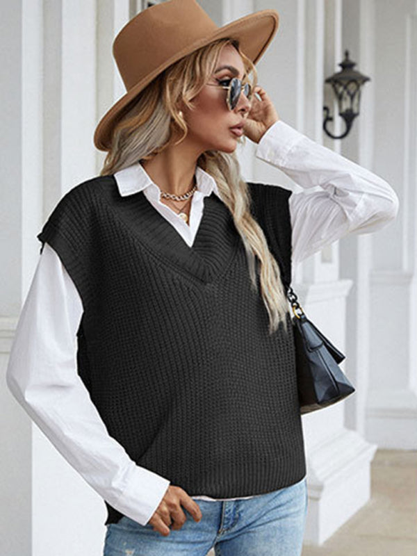 Women's solid color v-neck knitted sweater vest