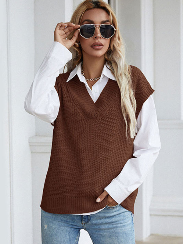 Women's solid color v-neck knitted sweater vest