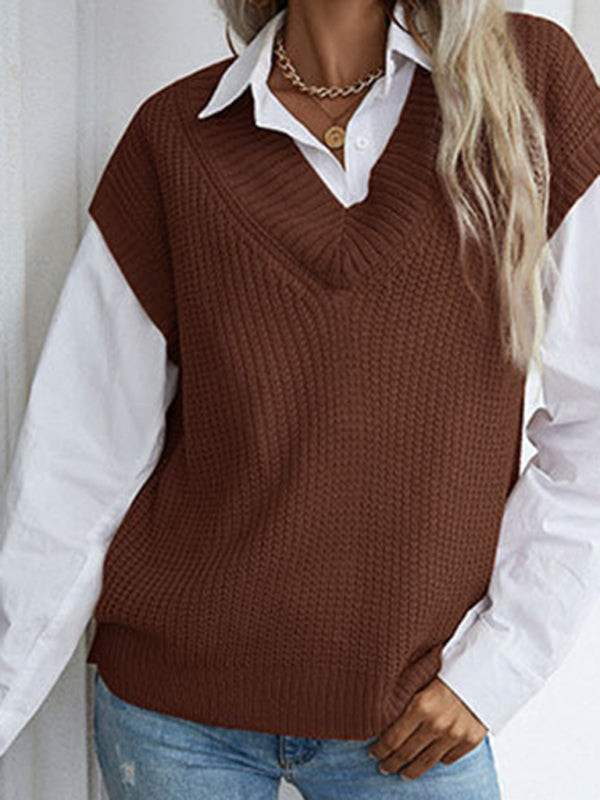 Women's solid color v-neck knitted sweater vest