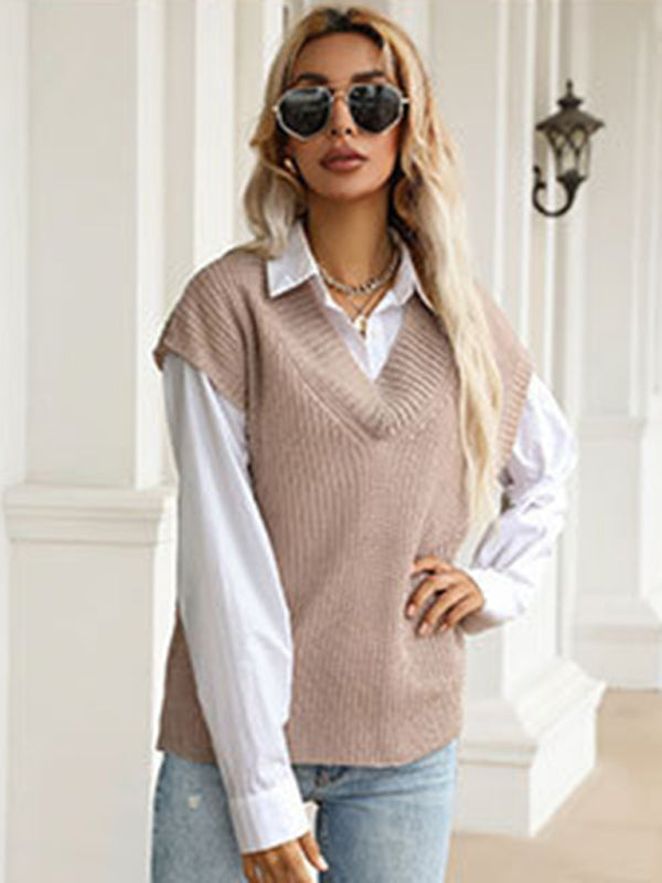 Women's solid color v-neck knitted sweater vest