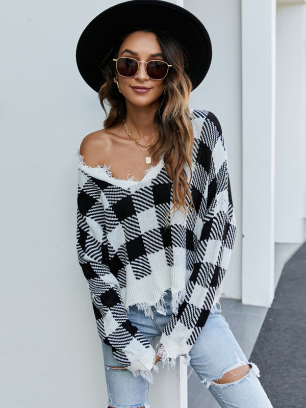 Distressed Checkered Knit Sweater for Women