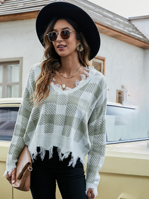 Distressed Checkered Knit Sweater for Women