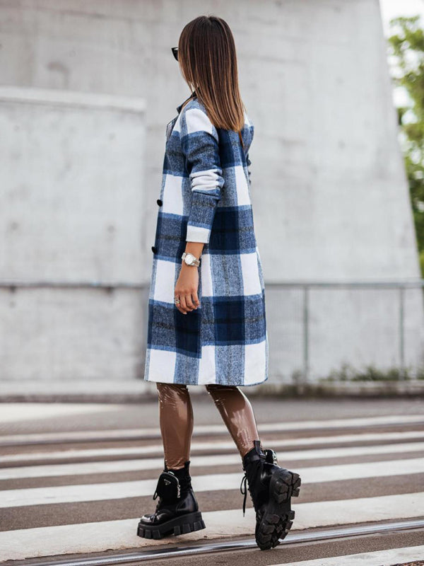 Women's mid-length plaid woolen printed coat