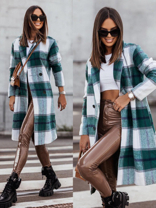 Women's mid-length plaid woolen printed coat