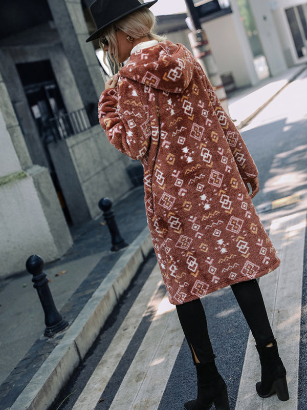 New women's hooded long-sleeved geometric print single-breasted extra-long regular plush jacket