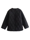 Women's fashionable round neck loose rhombus cotton coat with extended thread