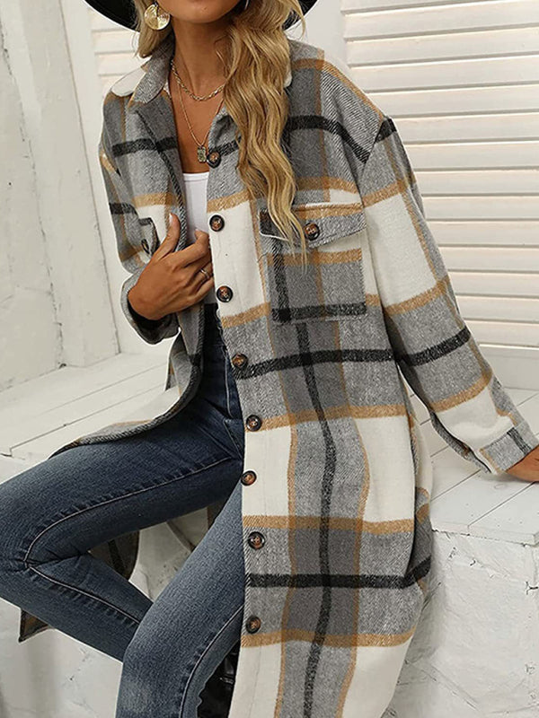 New long plaid lapel buttoned wool casual windbreaker jacket