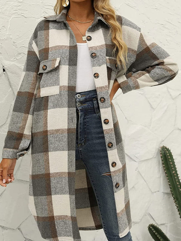 New long plaid lapel buttoned wool casual windbreaker jacket