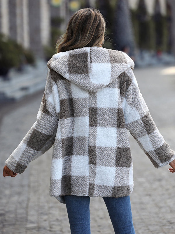 Women's Plush Hooded Plaid Long Sleeve Loose Jacket